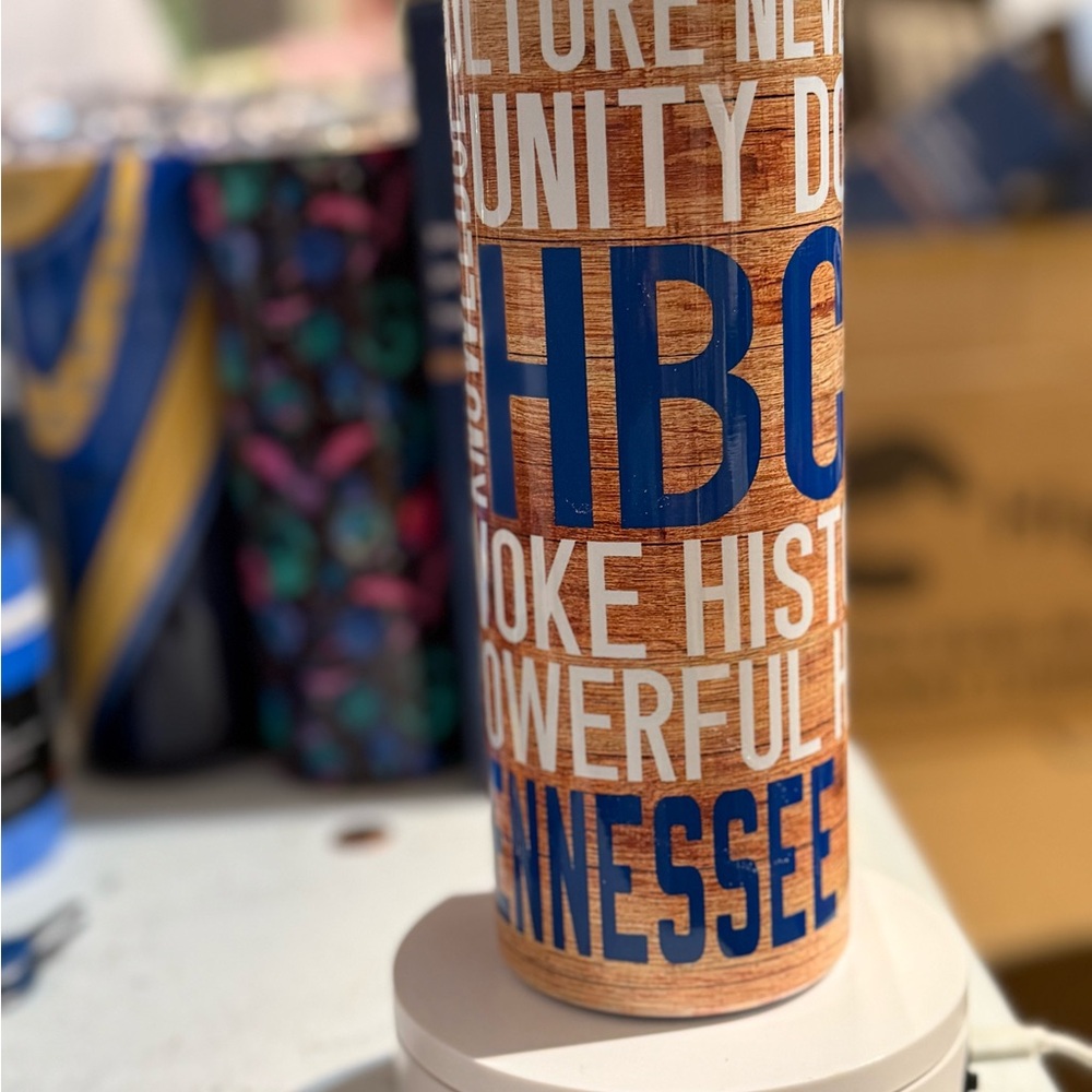 Brown and Blue Tumbler with Text Design
